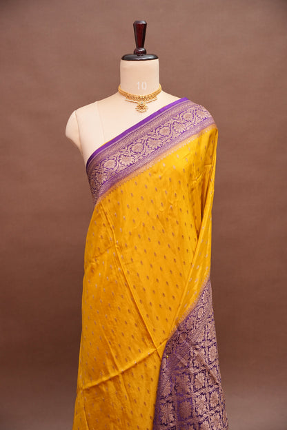 Khaddi Georgette Crepe Silk Saree with Antique Border – Yellow & Purple