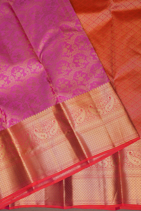 Pure Kanchipuram Silk Saree with Rich Gold Zari Weave - Candy Pink & Orange