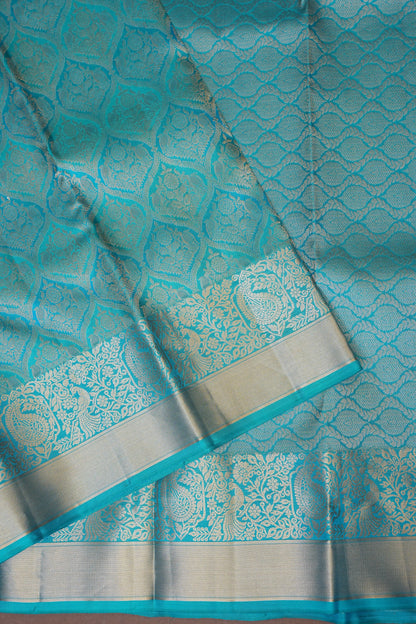 Pure Kanchipuram Silk Saree with Elegant Antique Gold Zari Weave - Aqua Blue