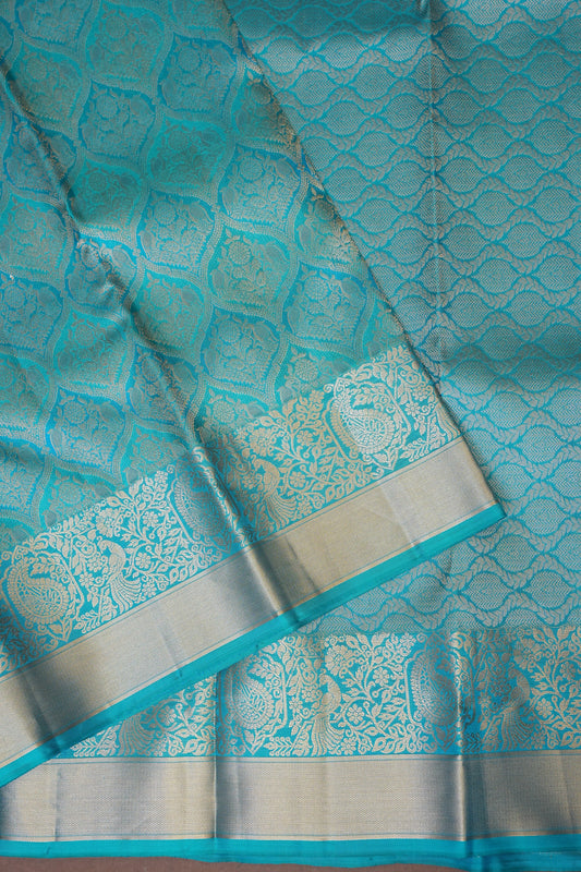 Pure Kanchipuram Silk Saree with Elegant Antique Gold Zari Weave - Aqua Blue
