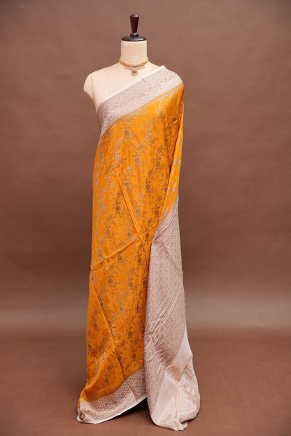 Khaddi Georgette Crepe Silk Saree with Antique Border – Mustard & White