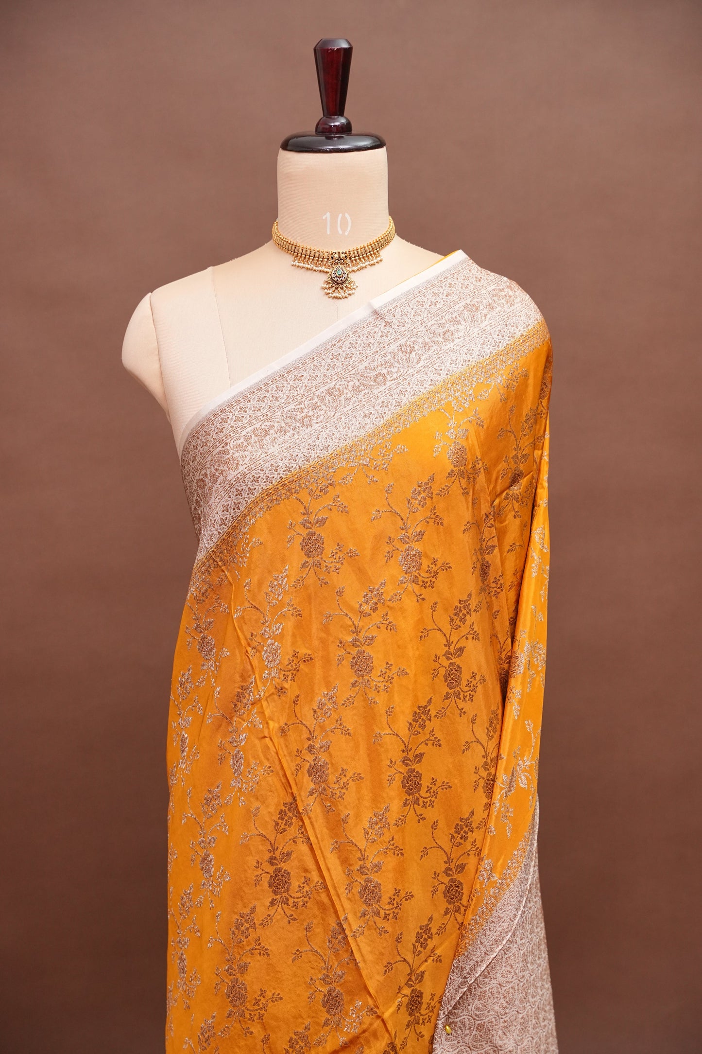 Khaddi Georgette Crepe Silk Saree with Antique Border – Mustard & White