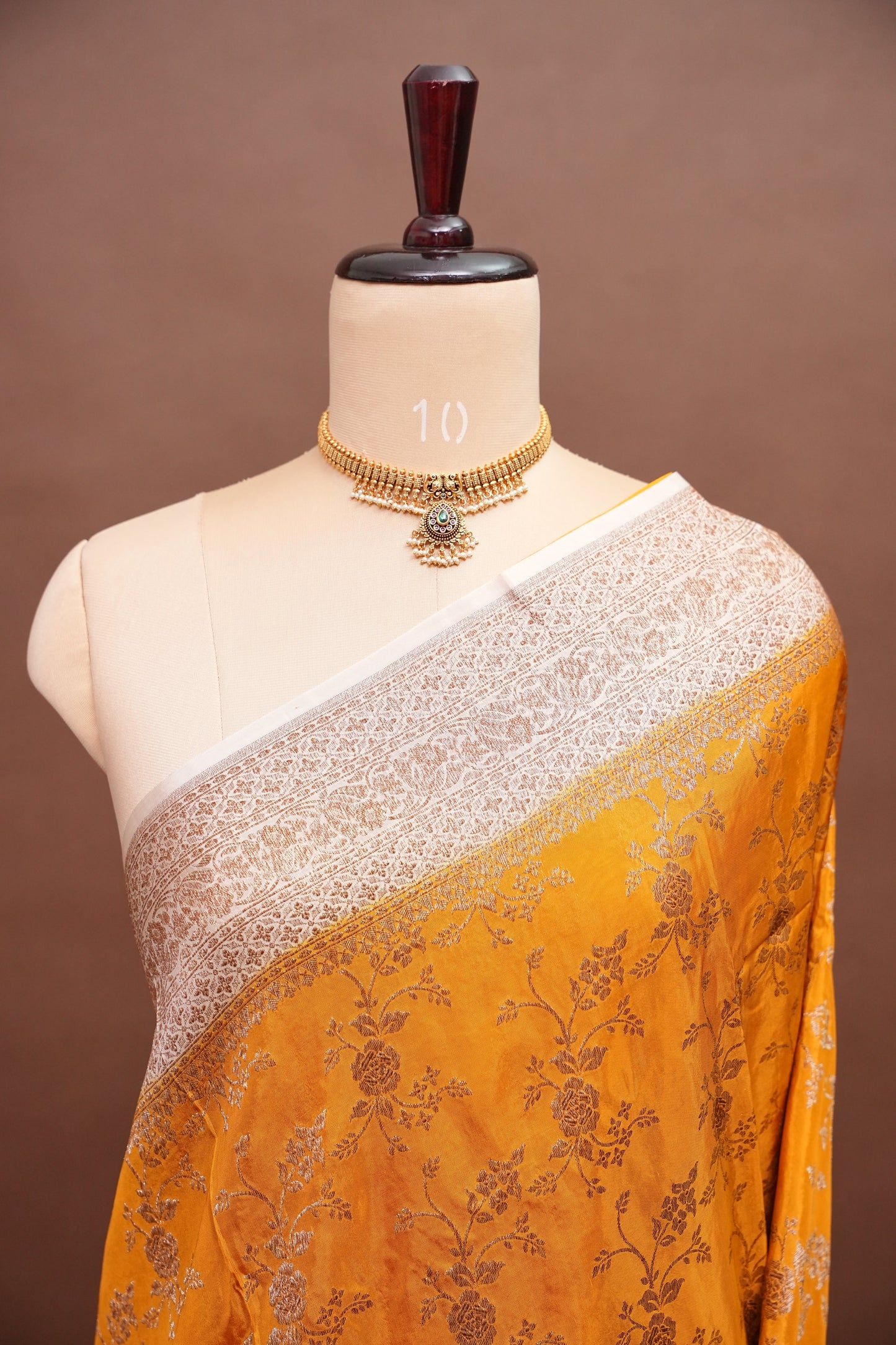 Khaddi Georgette Crepe Silk Saree with Antique Border – Mustard & White