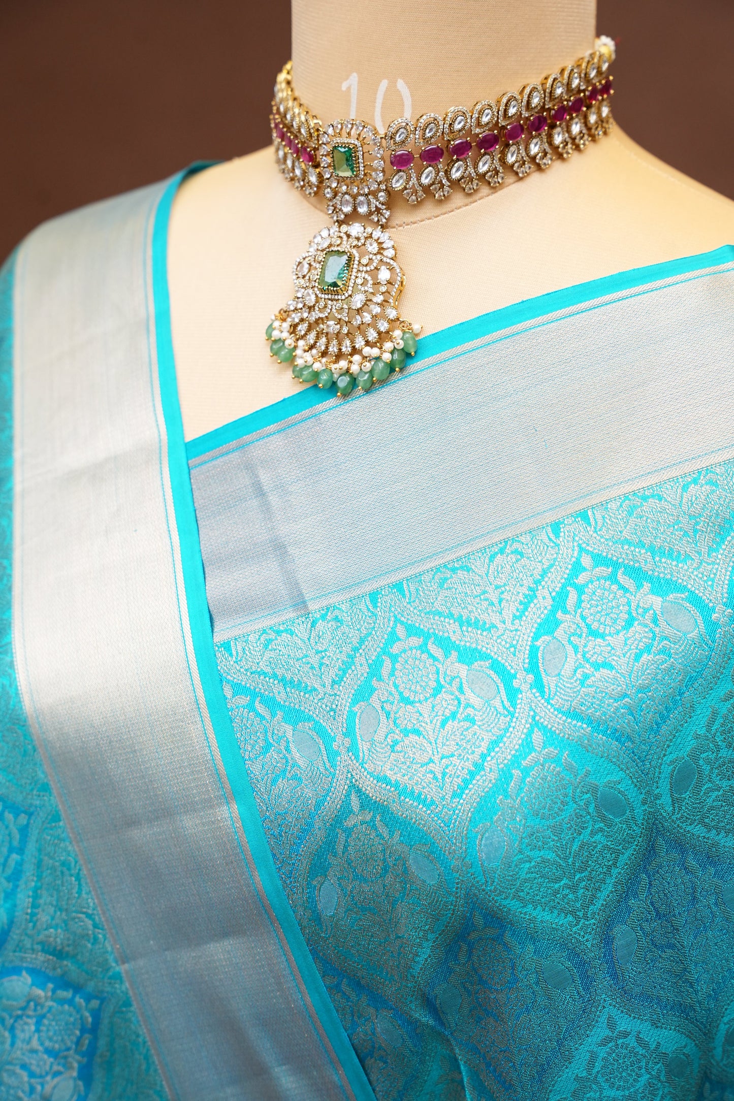 Pure Kanchipuram Silk Saree with Elegant Antique Gold Zari Weave - Aqua Blue