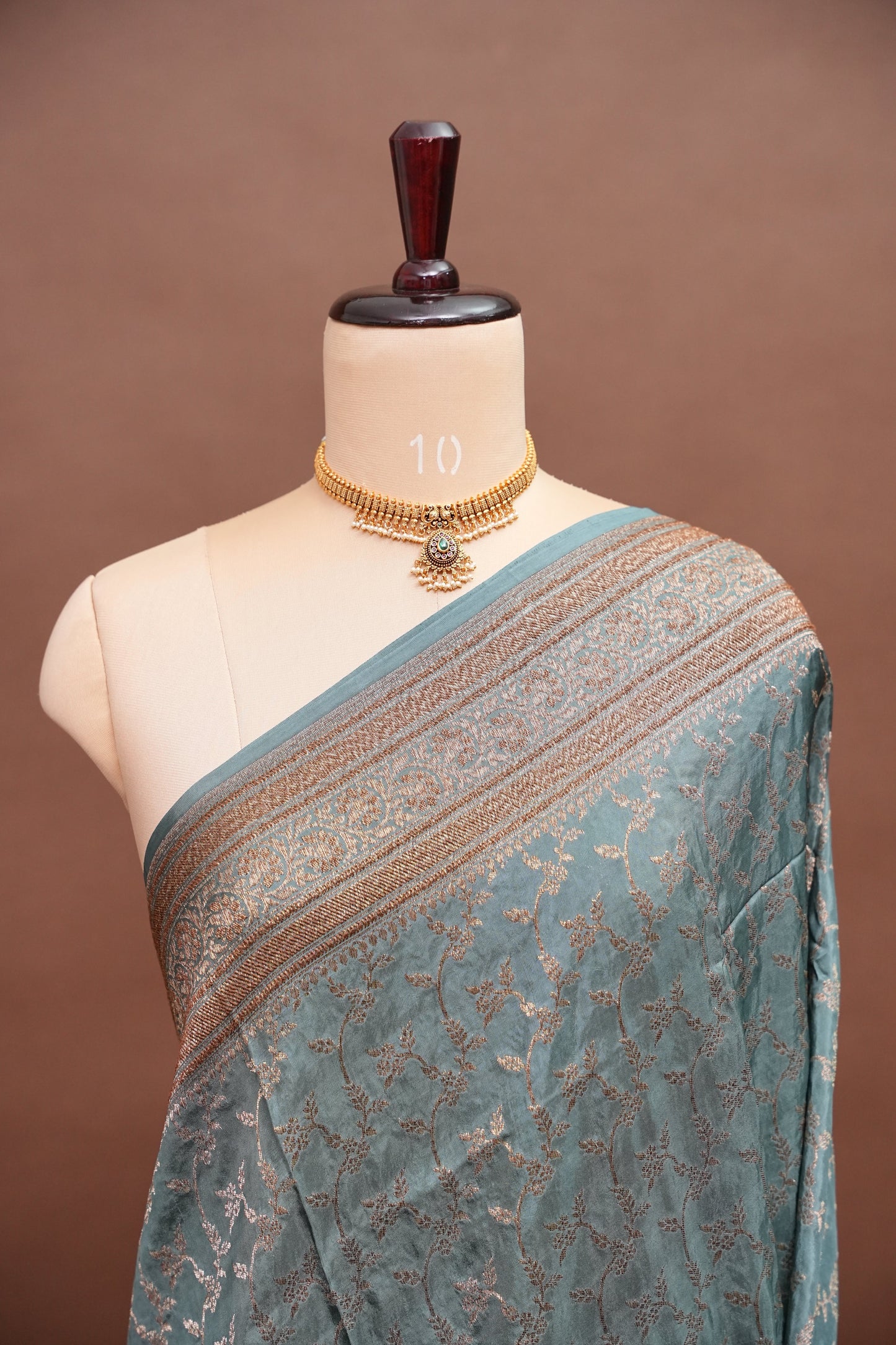 Khaddi Georgette Crepe Silk Saree with Antique Border – Blue Grey
