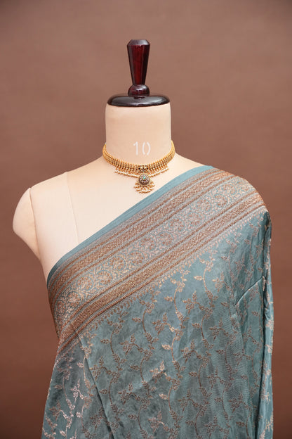 Khaddi Georgette Crepe Silk Saree with Antique Border – Blue Grey