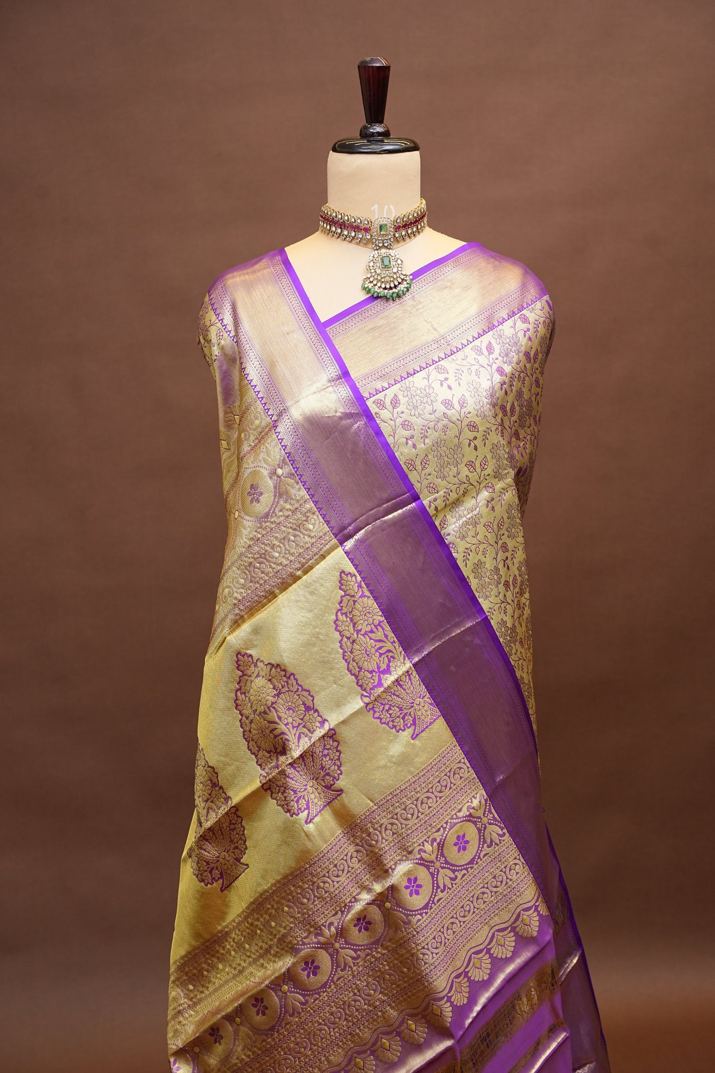 Pure Tissue Gold & Beige & Subtle Purple Kanchipuram Silk Saree|Silk Mark Certified