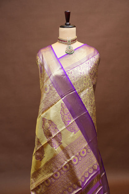Pure Tissue Gold & Beige & Subtle Purple Kanchipuram Silk Saree|Silk Mark Certified