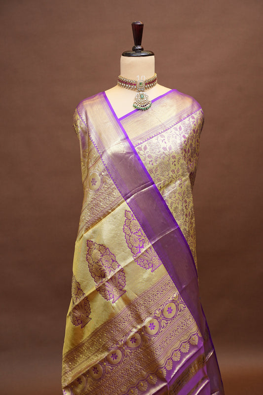 Pure Tissue Gold & Beige & Subtle Purple Kanchipuram Silk Saree|Silk Mark Certified