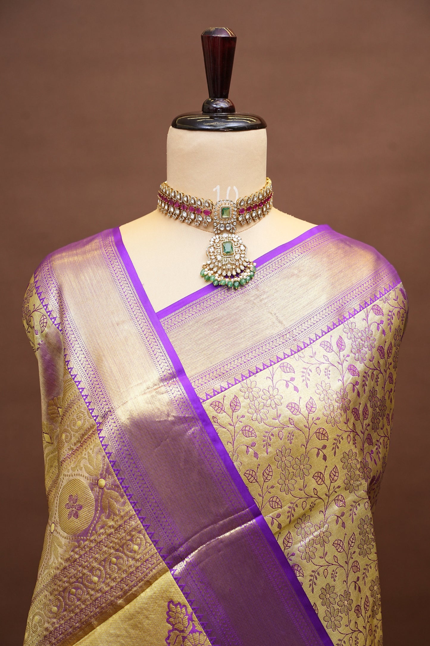 Pure Tissue Gold & Beige & Subtle Purple Kanchipuram Silk Saree|Silk Mark Certified