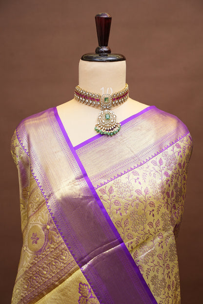 Pure Tissue Gold & Beige & Subtle Purple Kanchipuram Silk Saree|Silk Mark Certified