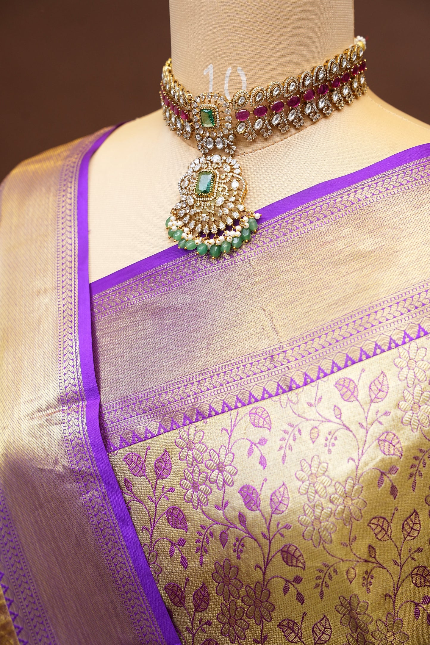 Pure Tissue Gold & Beige & Subtle Purple Kanchipuram Silk Saree|Silk Mark Certified