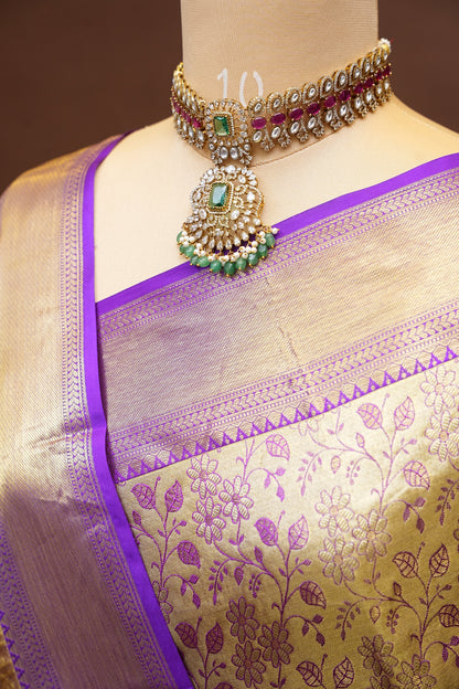 Pure Tissue Gold & Beige & Subtle Purple Kanchipuram Silk Saree|Silk Mark Certified