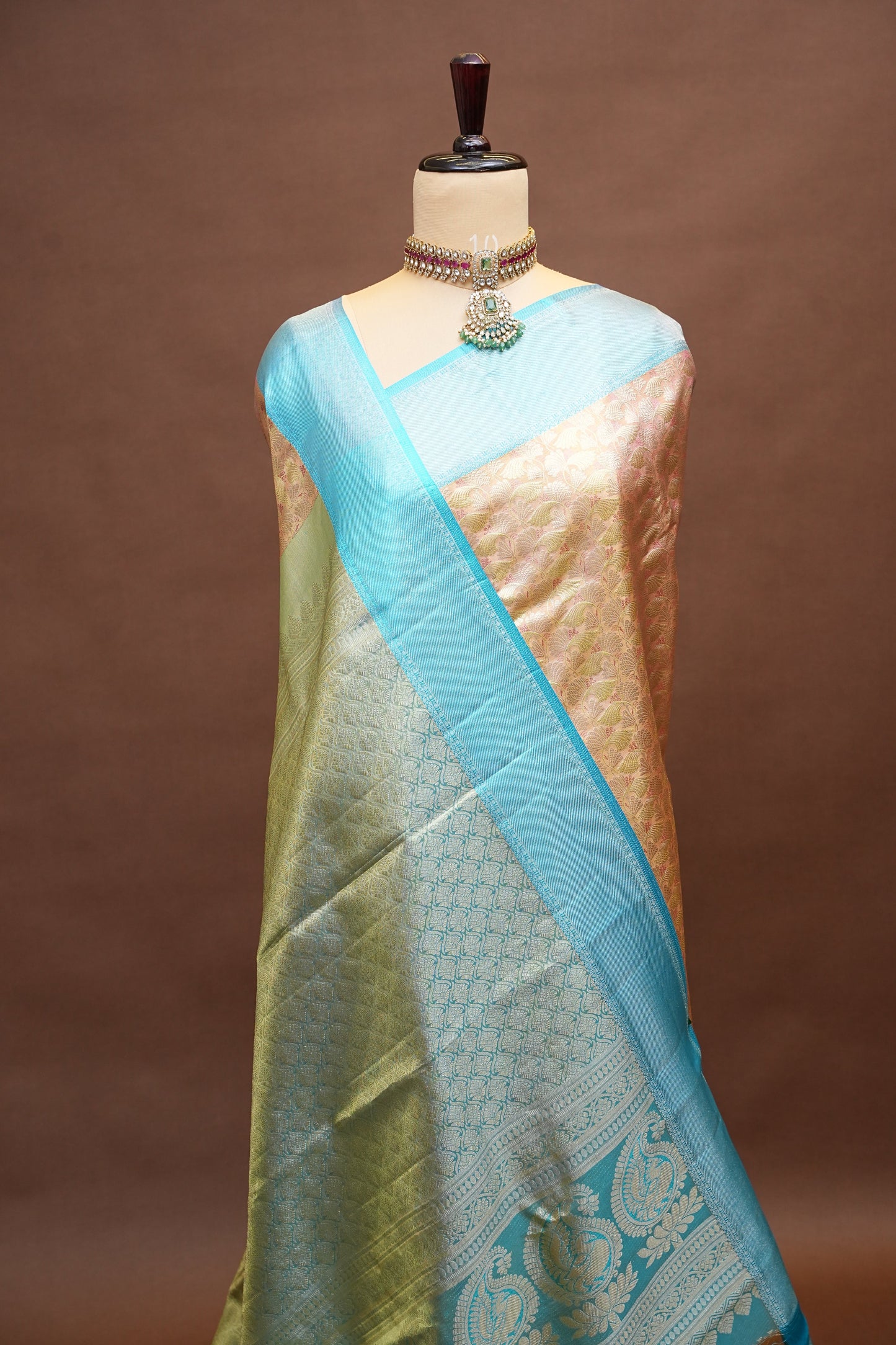 Pure Tissue Kanchipuram Silk Saree -  Peach with Turquoise| Silk Mark Certified