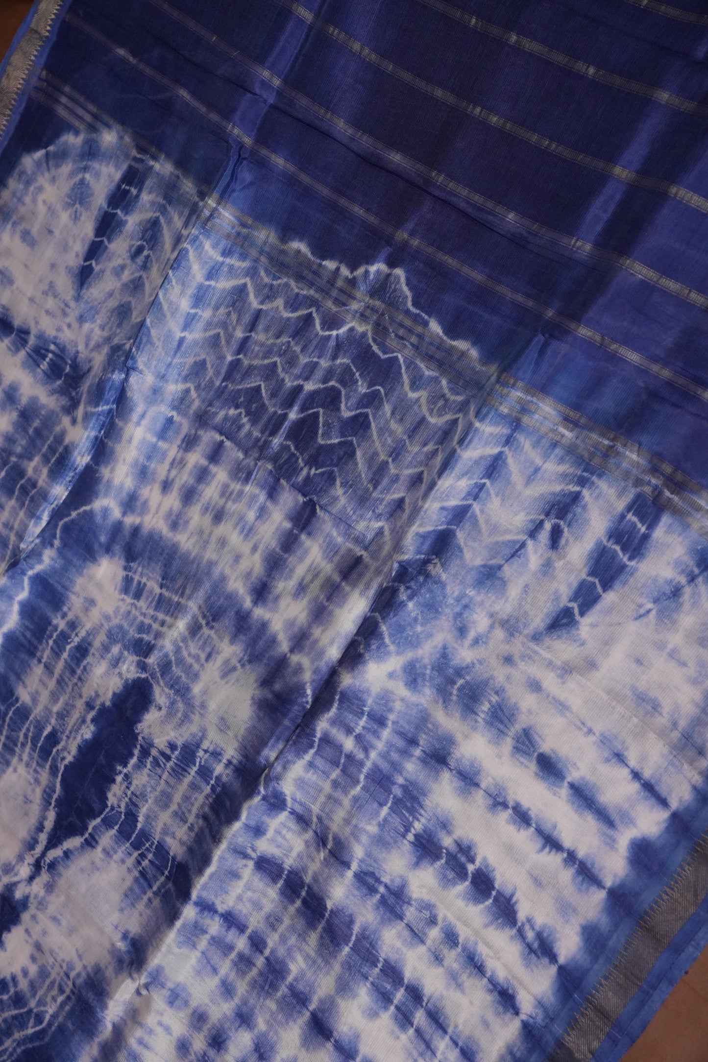 Mangalagiri Silk Shibori Tie & Dye Saree - Indigo Blue & Ivory