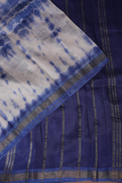 Mangalagiri Silk Shibori Tie & Dye Saree - Indigo Blue & Ivory