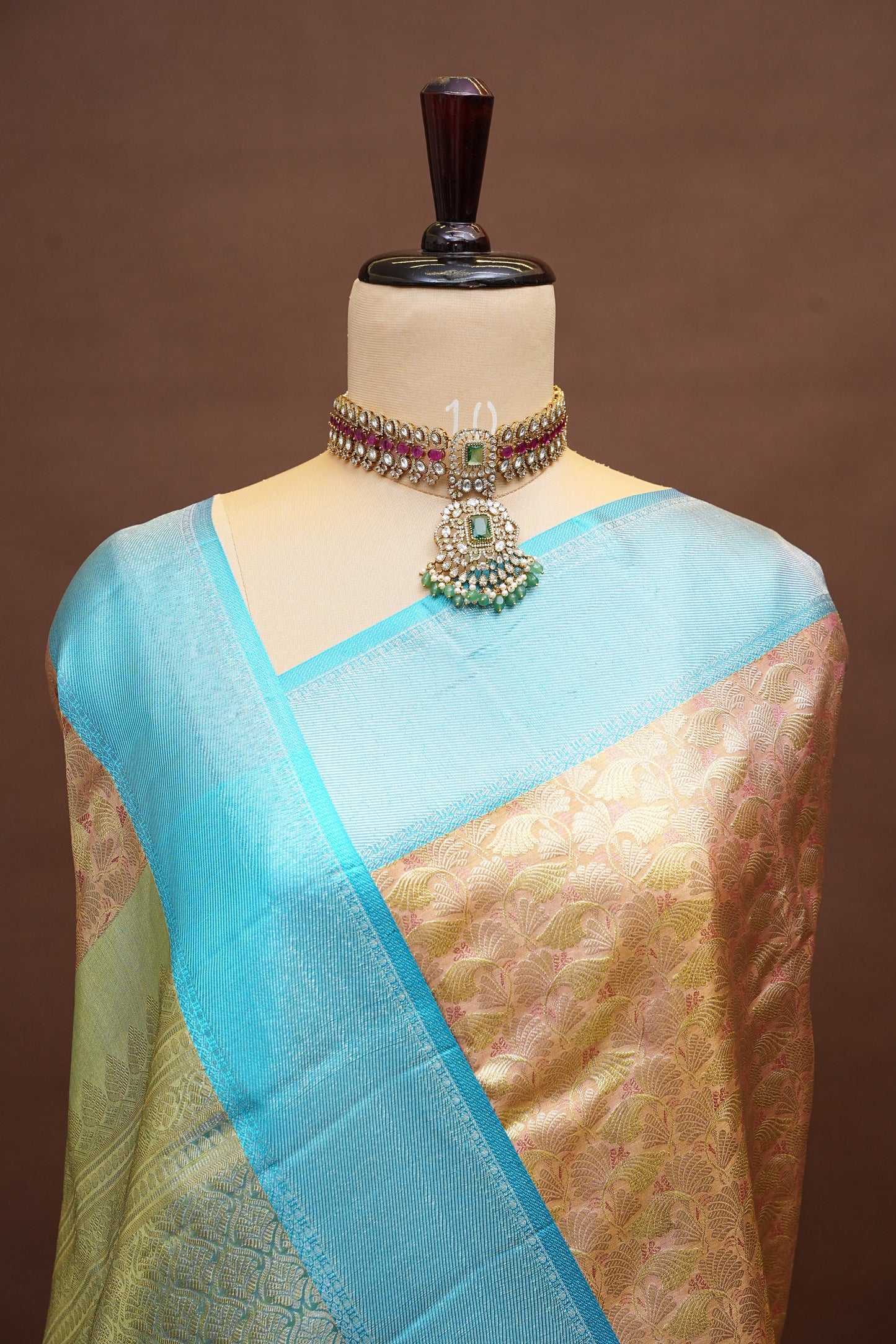 Pure Tissue Kanchipuram Silk Saree -  Peach with Turquoise| Silk Mark Certified