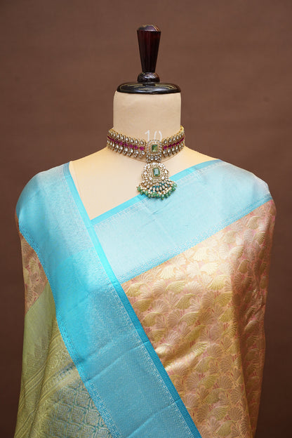 Pure Tissue Kanchipuram Silk Saree -  Peach with Turquoise| Silk Mark Certified