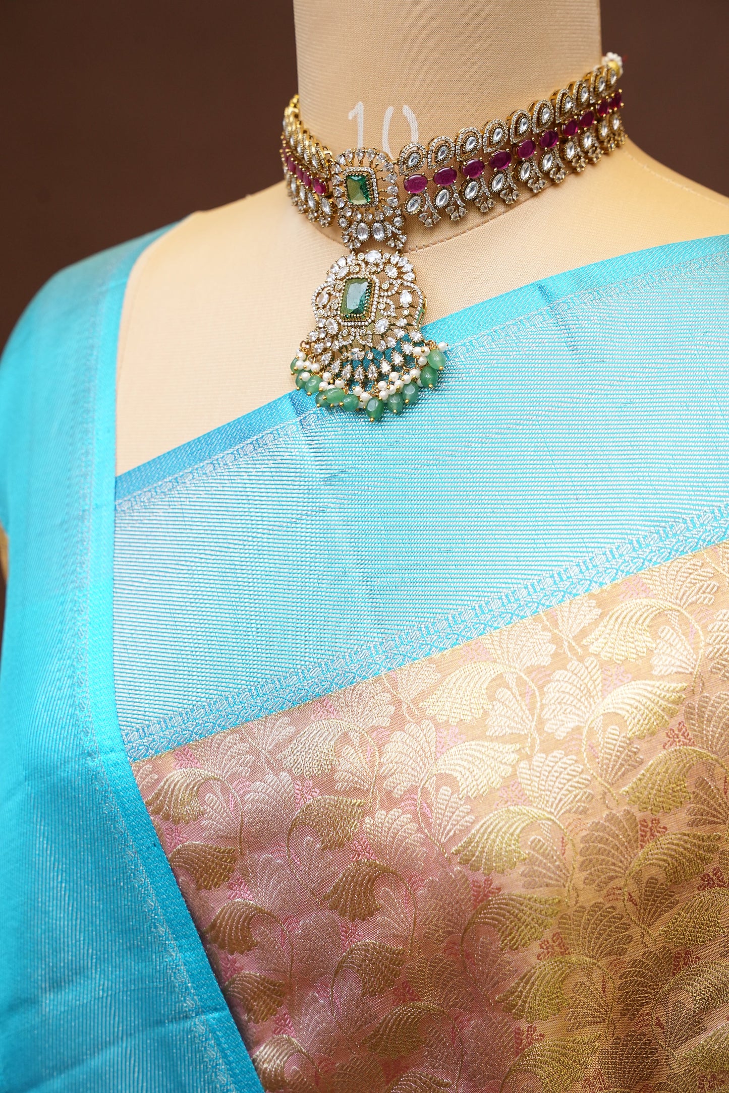 Pure Tissue Kanchipuram Silk Saree -  Peach with Turquoise| Silk Mark Certified