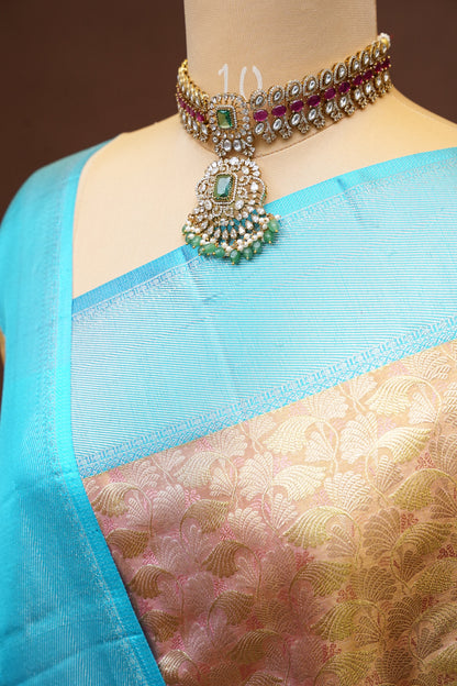 Pure Tissue Kanchipuram Silk Saree -  Peach with Turquoise| Silk Mark Certified