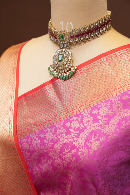 Pure Kanchipuram Silk Saree with Rich Gold Zari Weave - Candy Pink & Orange