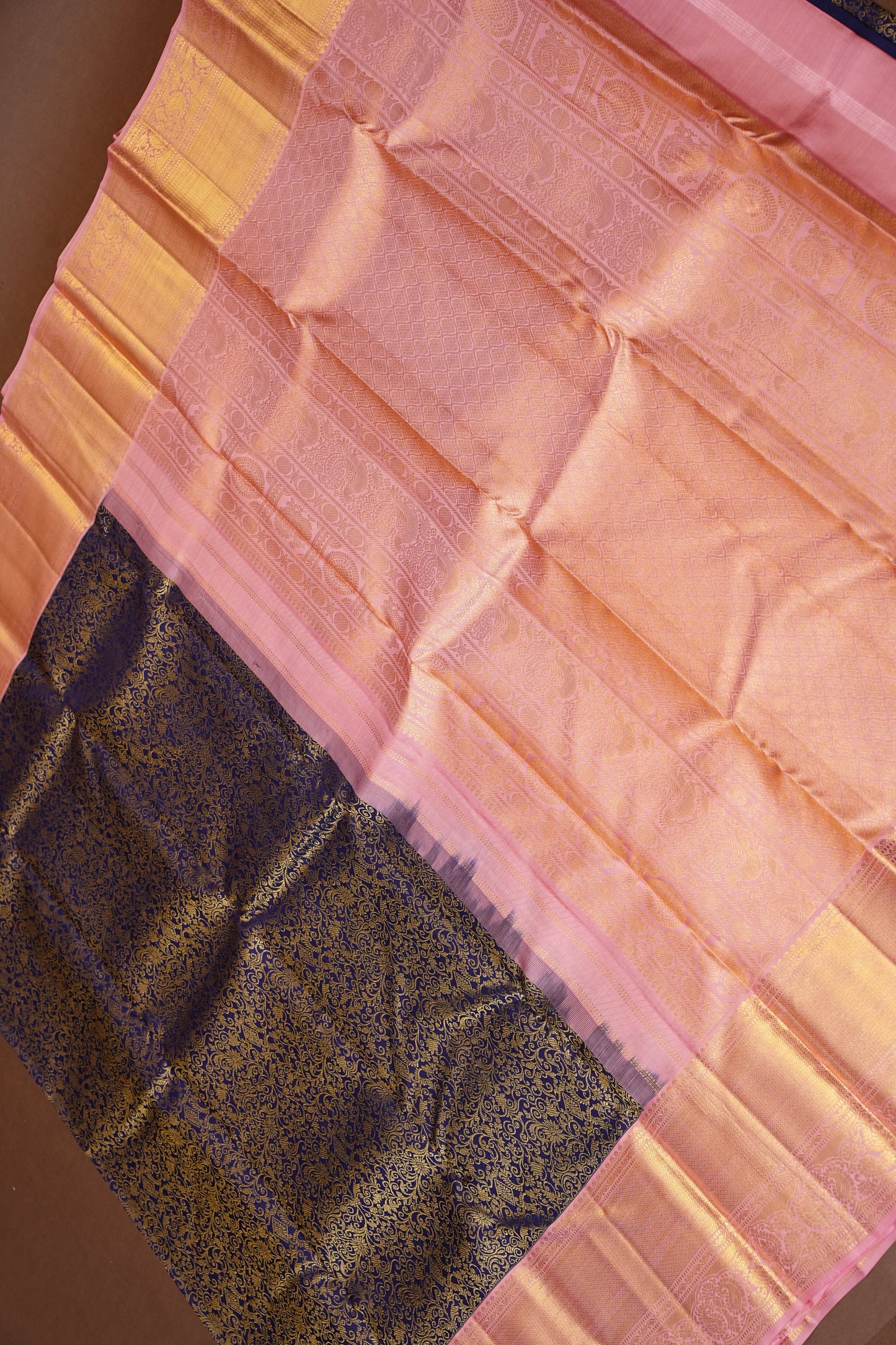 Pure Kanchipuram Silk Saree with Rich 2 Gram Gold Zari Weave - Navy Blue & Blush Pink