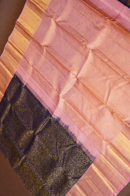 Pure Kanchipuram Silk Saree with Rich 2 Gram Gold Zari Weave - Navy Blue & Blush Pink