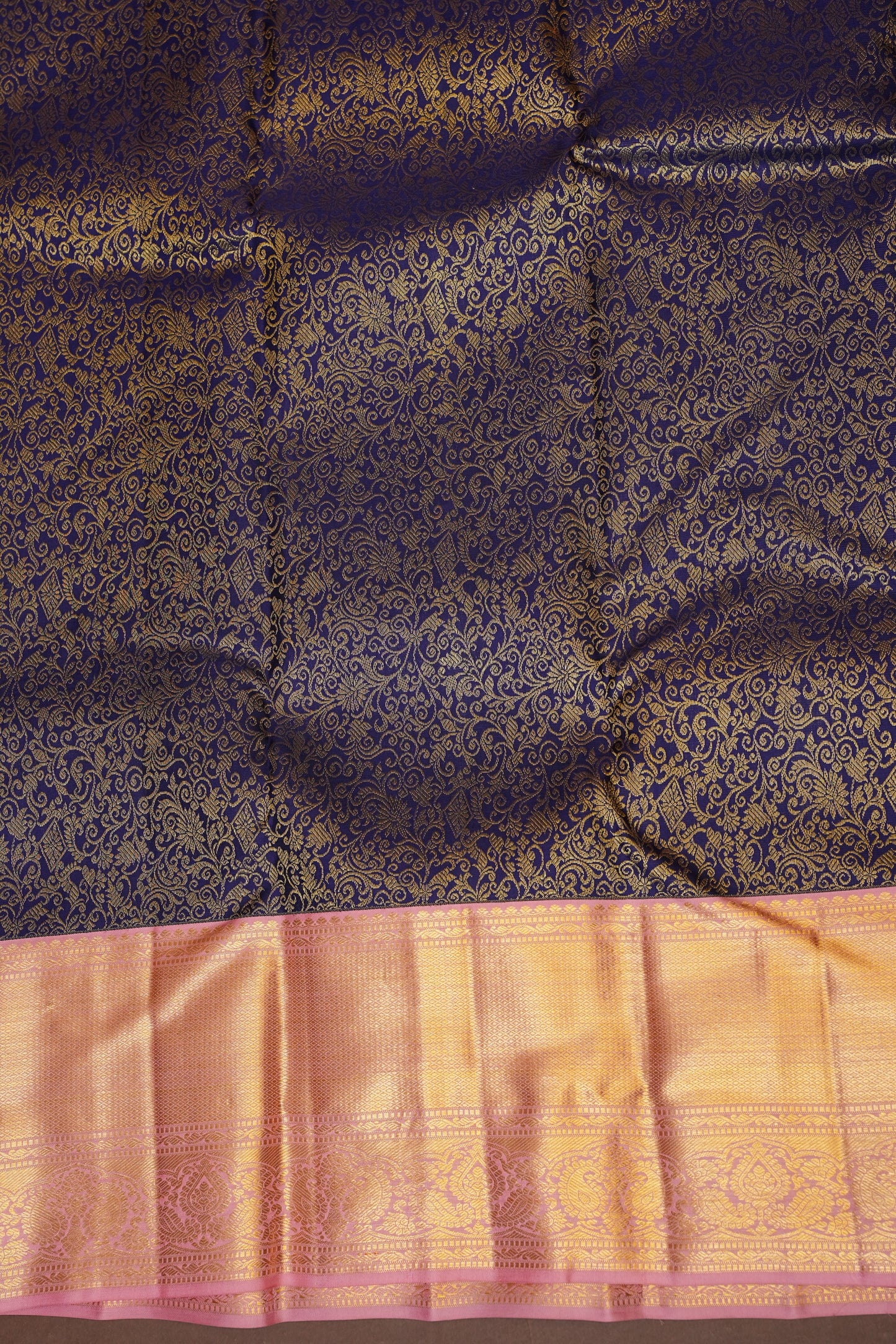 Pure Kanchipuram Silk Saree with Rich 2 Gram Gold Zari Weave - Navy Blue & Blush Pink