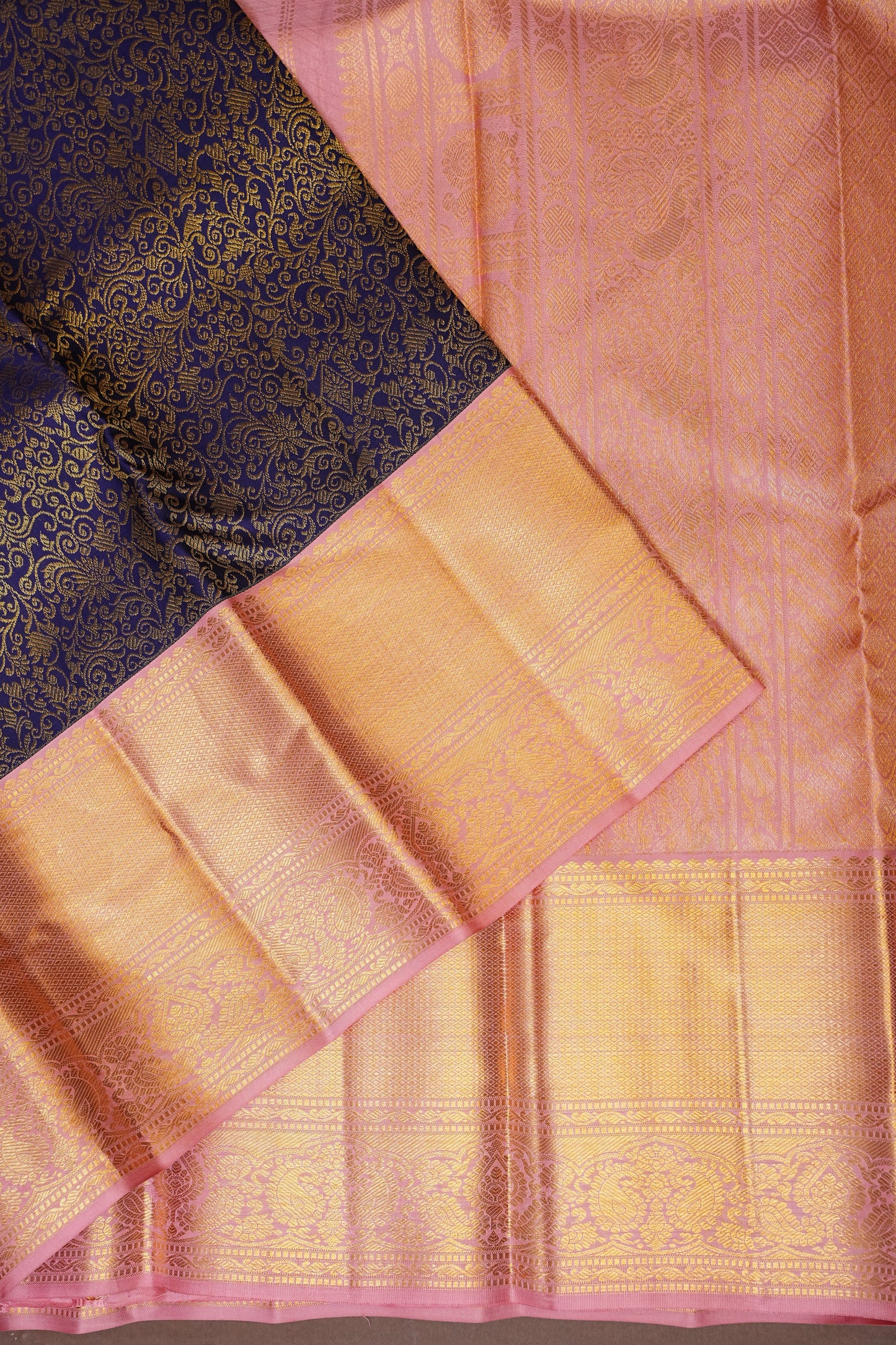 Pure Kanchipuram Silk Saree with Rich 2 Gram Gold Zari Weave - Navy Blue & Blush Pink