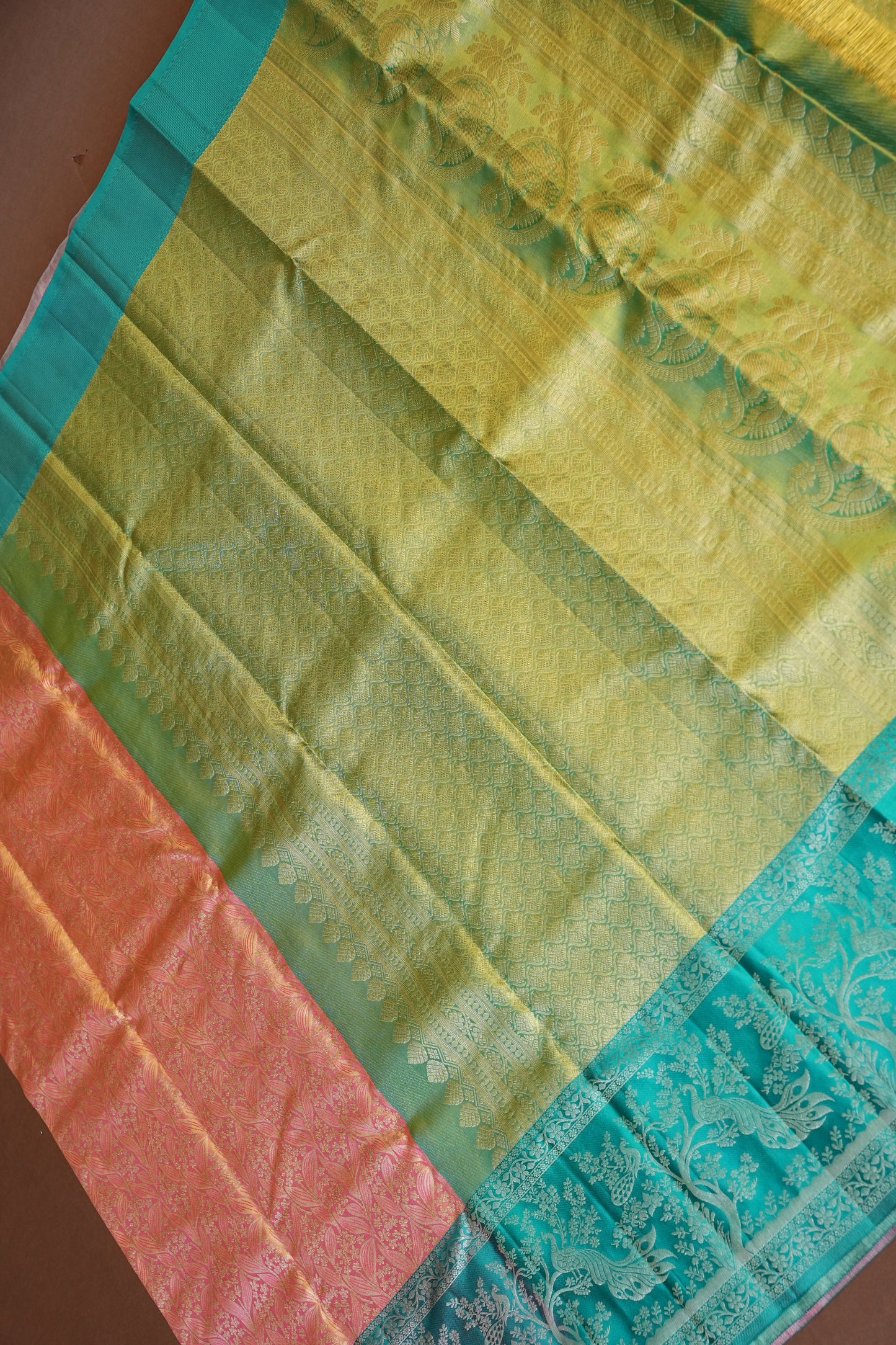 Peach Pure Tissue Kanchipuram Silk Saree With Contrast Aqua Blue Border|Silk Mark Certificate