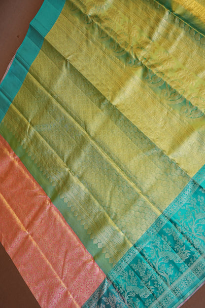 Peach Pure Tissue Kanchipuram Silk Saree With Contrast Aqua Blue Border|Silk Mark Certificate