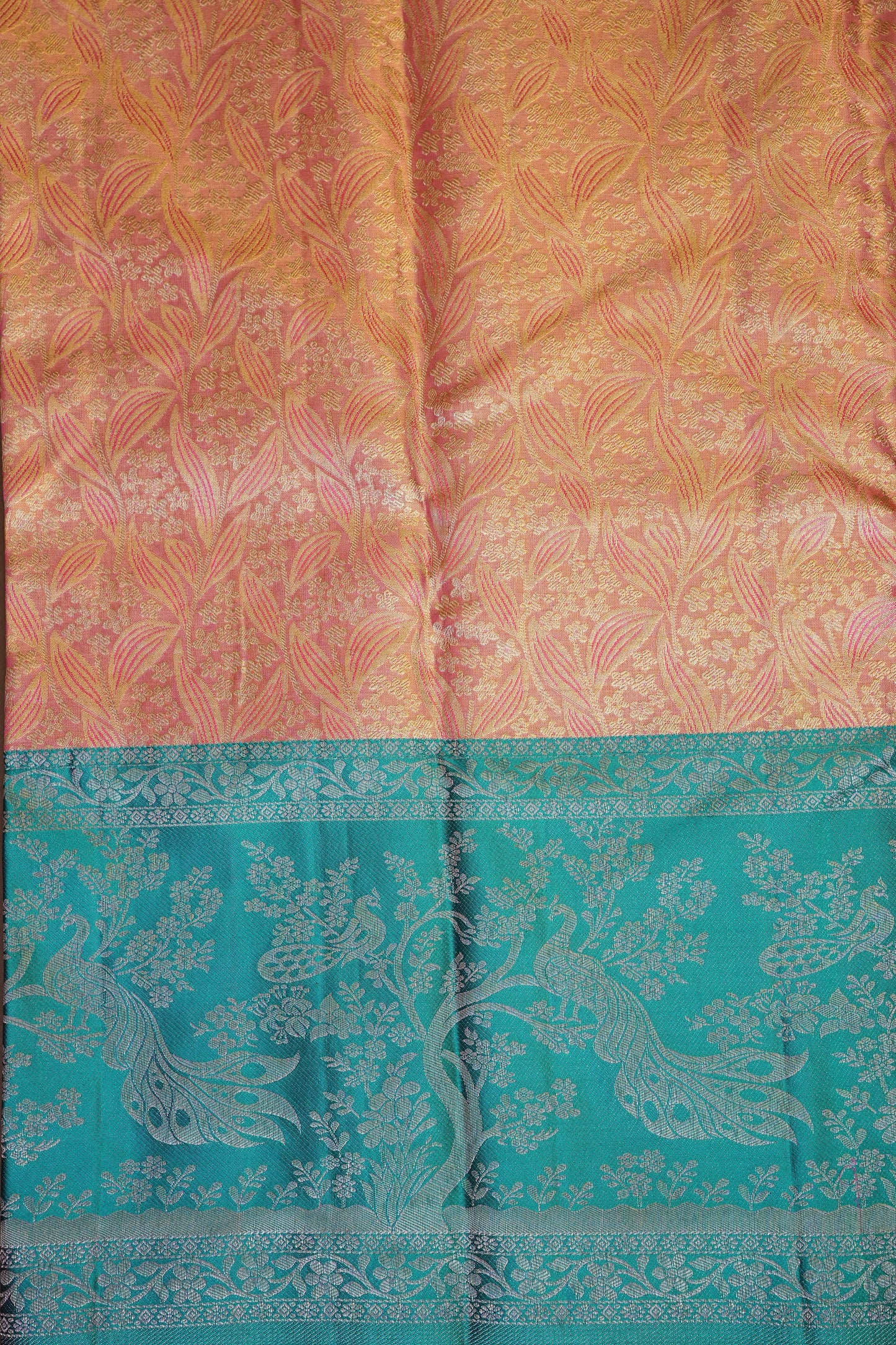 Peach Pure Tissue Kanchipuram Silk Saree With Contrast Aqua Blue Border|Silk Mark Certificate