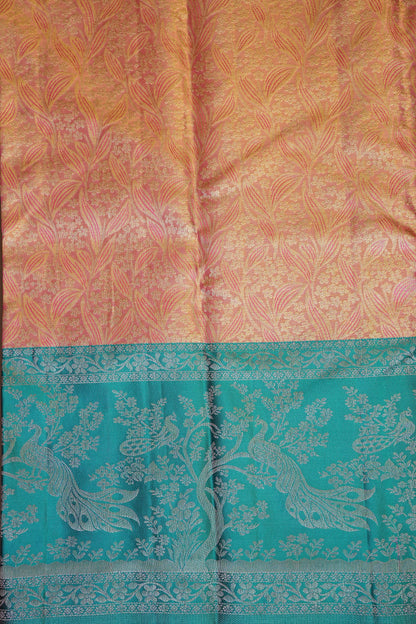 Peach Pure Tissue Kanchipuram Silk Saree With Contrast Aqua Blue Border|Silk Mark Certificate
