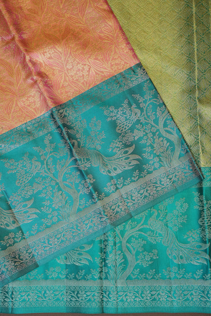 Peach Pure Tissue Kanchipuram Silk Saree With Contrast Aqua Blue Border|Silk Mark Certificate