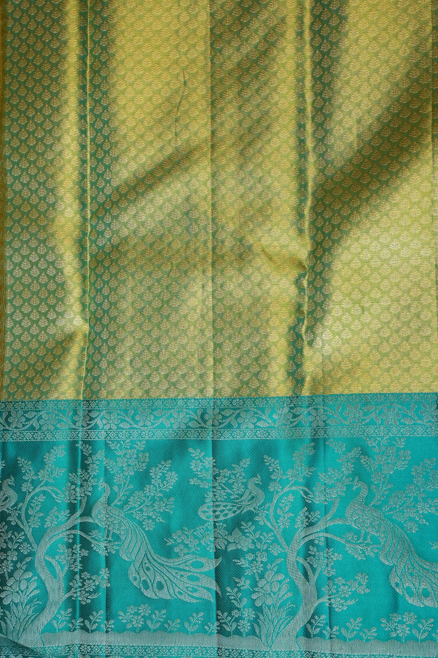 Peach Pure Tissue Kanchipuram Silk Saree With Contrast Aqua Blue Border|Silk Mark Certificate