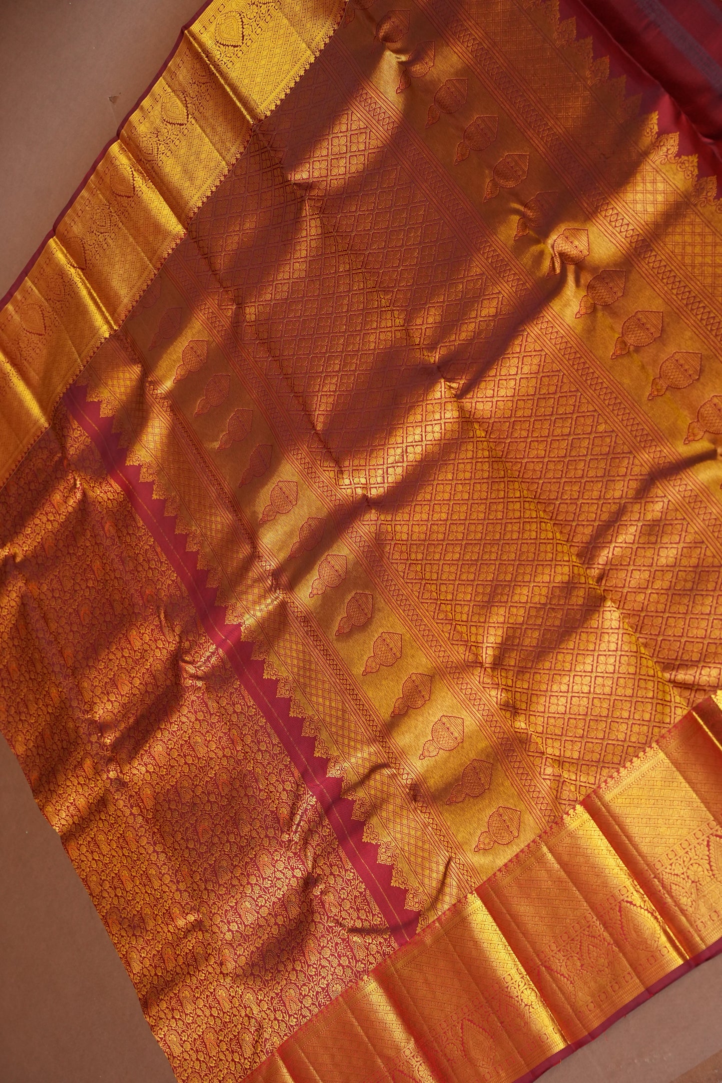 Pure Kanchipuram Silk Saree with Rich Zari Weave - Antique Gold & Maroon
