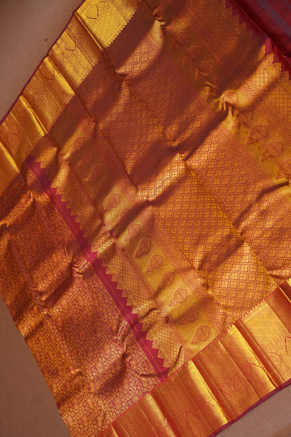 Pure Kanchipuram Silk Saree with Rich Zari Weave - Antique Gold & Maroon