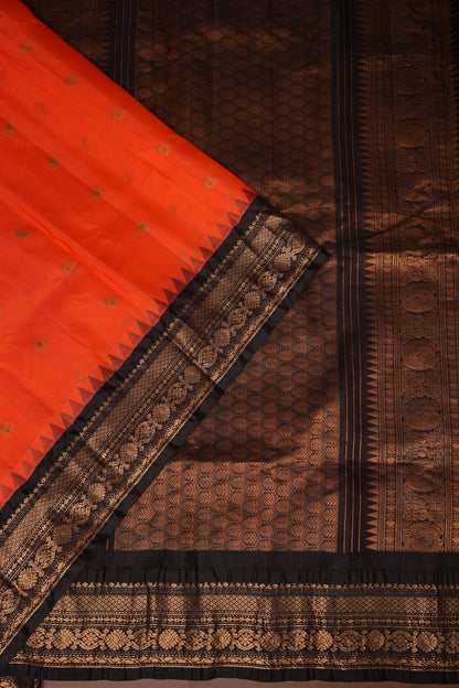 Pure Gadwal Silk Saree - Orange and Black|Silk Mark Certified