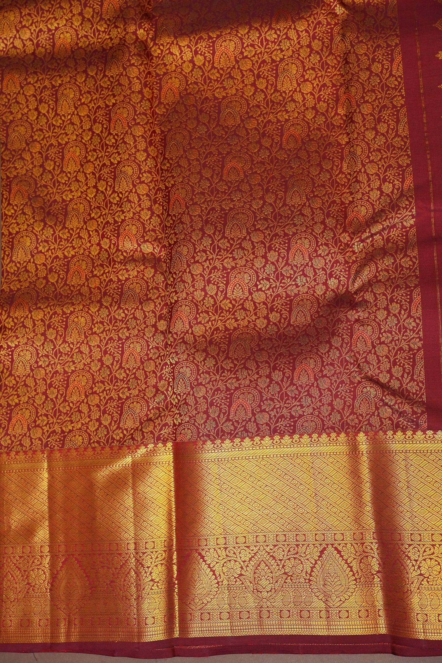 Pure Kanchipuram Silk Saree with Rich Zari Weave - Antique Gold & Maroon