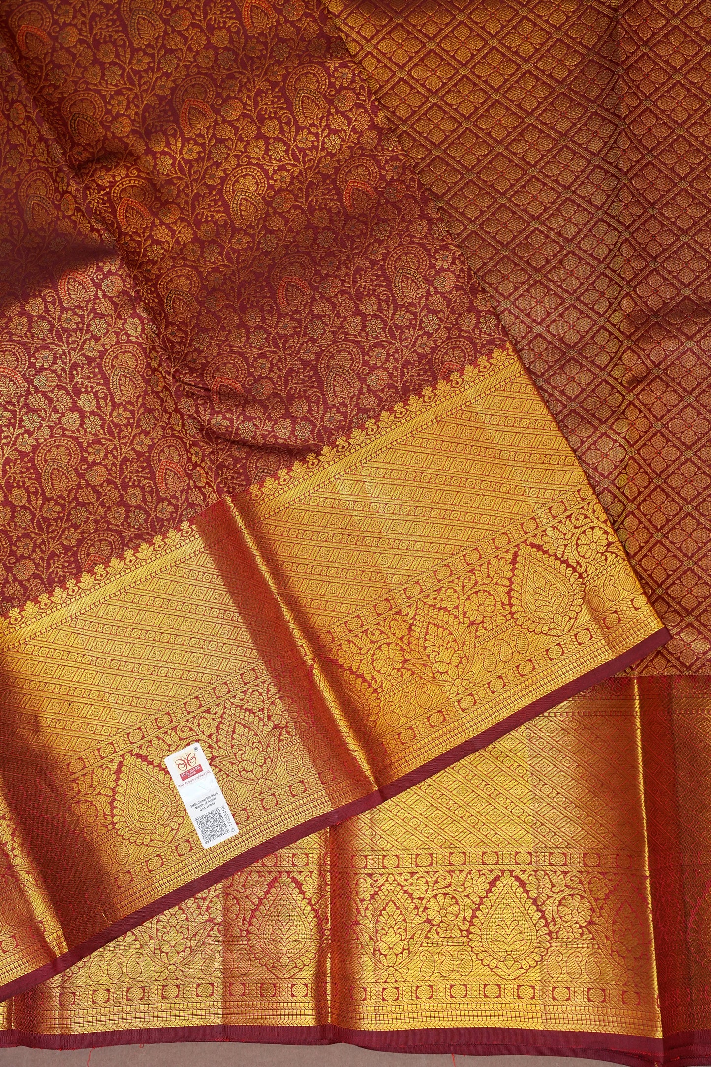 Pure Kanchipuram Silk Saree with Rich Zari Weave - Antique Gold & Maroon