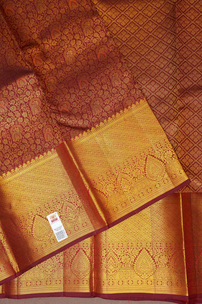 Pure Kanchipuram Silk Saree with Rich Zari Weave - Antique Gold & Maroon