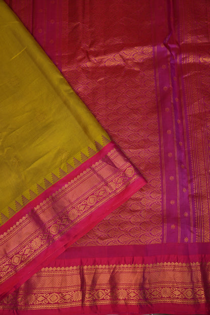 Pure Gadwal Silk Saree - Parrot Green and Hot Pink|Silk Mark Certified
