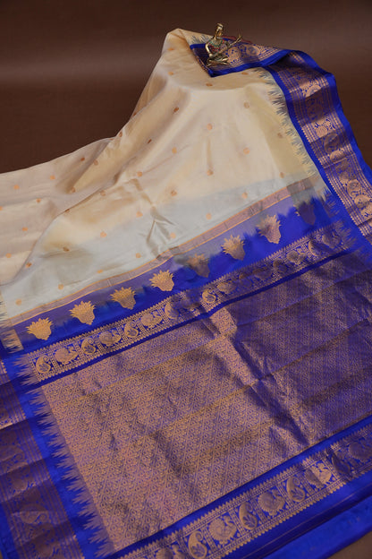 Pure Gadwal Silk Saree - Soft Ivory and Royal Blue|Silk Mark Certified