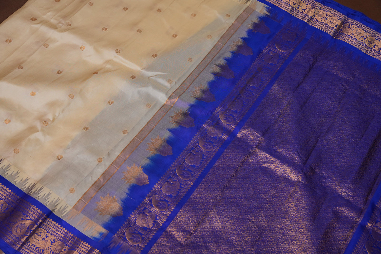 Pure Gadwal Silk Saree - Soft Ivory and Royal Blue|Silk Mark Certified