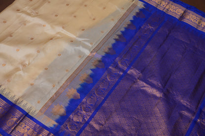 Pure Gadwal Silk Saree - Soft Ivory and Royal Blue|Silk Mark Certified