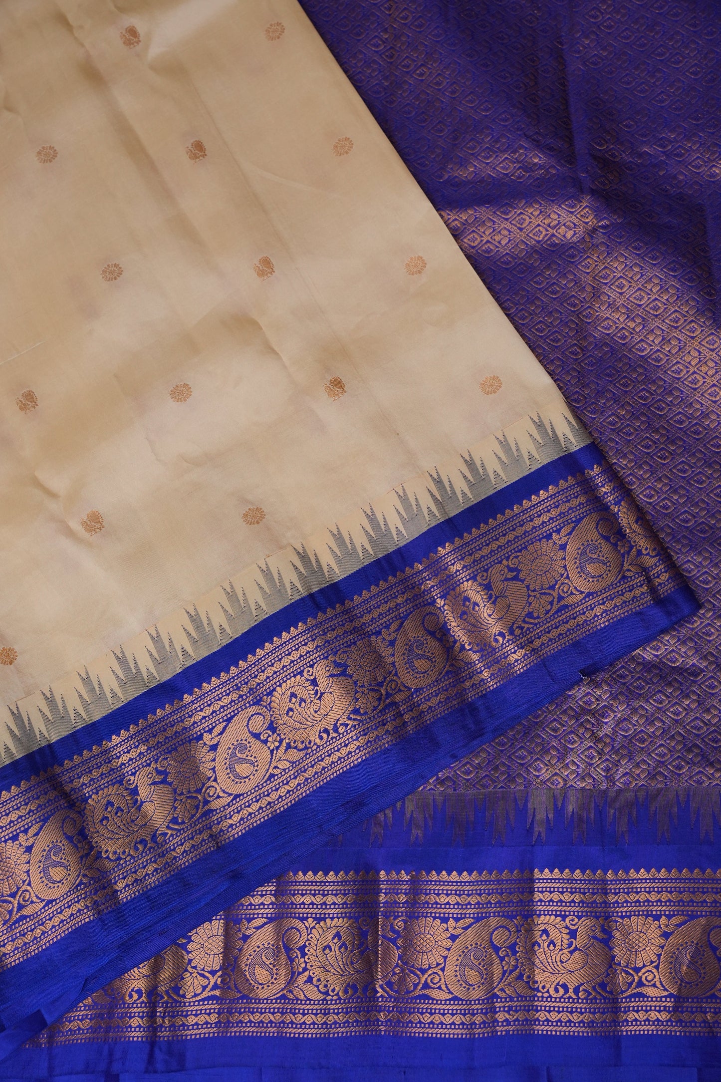 Pure Gadwal Silk Saree - Soft Ivory and Royal Blue|Silk Mark Certified