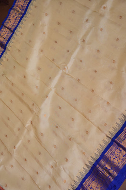Pure Gadwal Silk Saree - Soft Ivory and Royal Blue|Silk Mark Certified