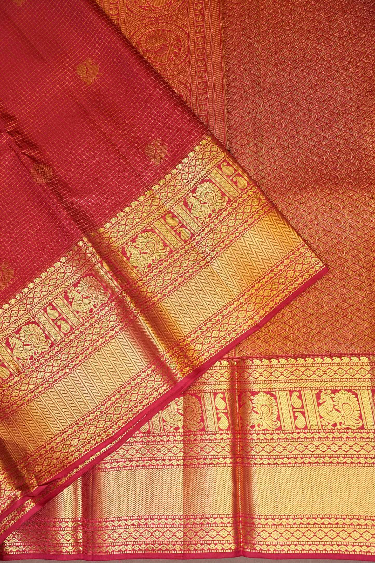 Pure Kanchipuram Silk Saree with 1 Gram Gold Zari Weave - Deep Red