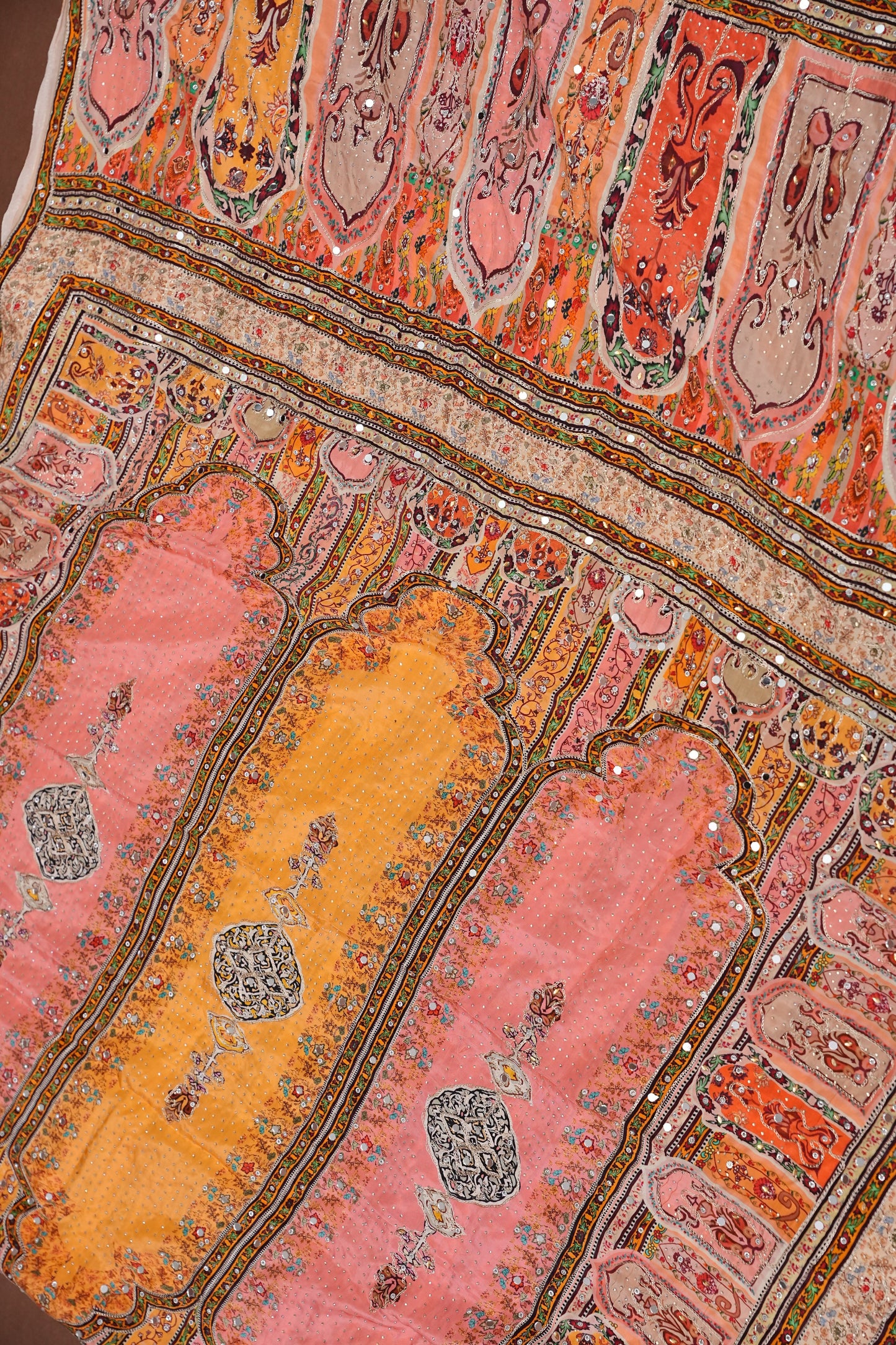 Peach, Mustard Yellow & Multicolour Heritage Print Party Wear Saree