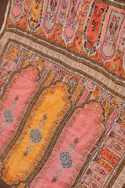 Peach, Mustard Yellow & Multicolour Heritage Print Party Wear Saree